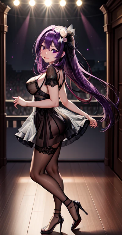 アニメ, beautiful  face, high-detailed face, (2 precise legs:1), detailed purple eyes, star-shaped pupils, highly detailed background, Perfect stage lighting, better lighting, hair ornament, 1 girl, standing alone, Ai Hoshino, oshi no ko, Inside the house, Concert of idols, performing at a concert, concert arena background, (Beautiful purple hair:1.2), absurderes, high resolution, ultra-sharp, 8k, work of art, looking ahead at viewer, excited smile, break (detailed black sexy lingerie:1.2), (intricate all the lace:1.4), (beautiful black heels:1.2), (transparency:1.6), dance pose 