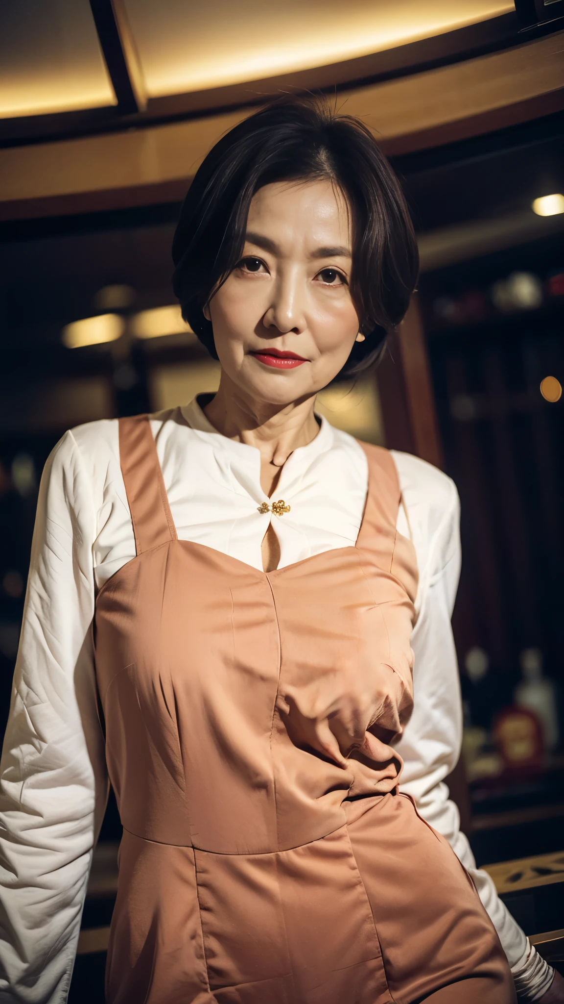 ((highest quality)), ((8K)), ((masterpiece:1.3)), (Perfect look), (Photorealism:1.6), (A walking Japanese mature woman), (Woman window shopping), Blurred Background, Japanese Mature, 62 years old, ((Realistic skin texture)), (Fine wrinkles all over the skin:1.3), (Dull skin:1.1), (Unmoisturized skin:1.2), (Facial wrinkles:0.9), (Wrinkles around the eyes:1.2), double eyelid, Tear bags on the lower eyelids, (Crying Mole:0.9), The eyes are watching me, Serious look, (Dimples on cheeks:1.2), (Short bangs:1.2), Long hair with curled ends, (Hair over the ears), Smiling with the corners of his mouth turned up, (Red blouse), (Black long skirt), Soft fabric blouse, (Wide-necked blouse: 1.4), Wide sleeves, Cuffs that fit snugly around the wrist, Long Skirt, Hair blowing in the wind, Small breasts, (wine red lips), (Red high heels:1.2), (Standing posture, Full body portrait:1.4), (Angle from the feet:1.4),