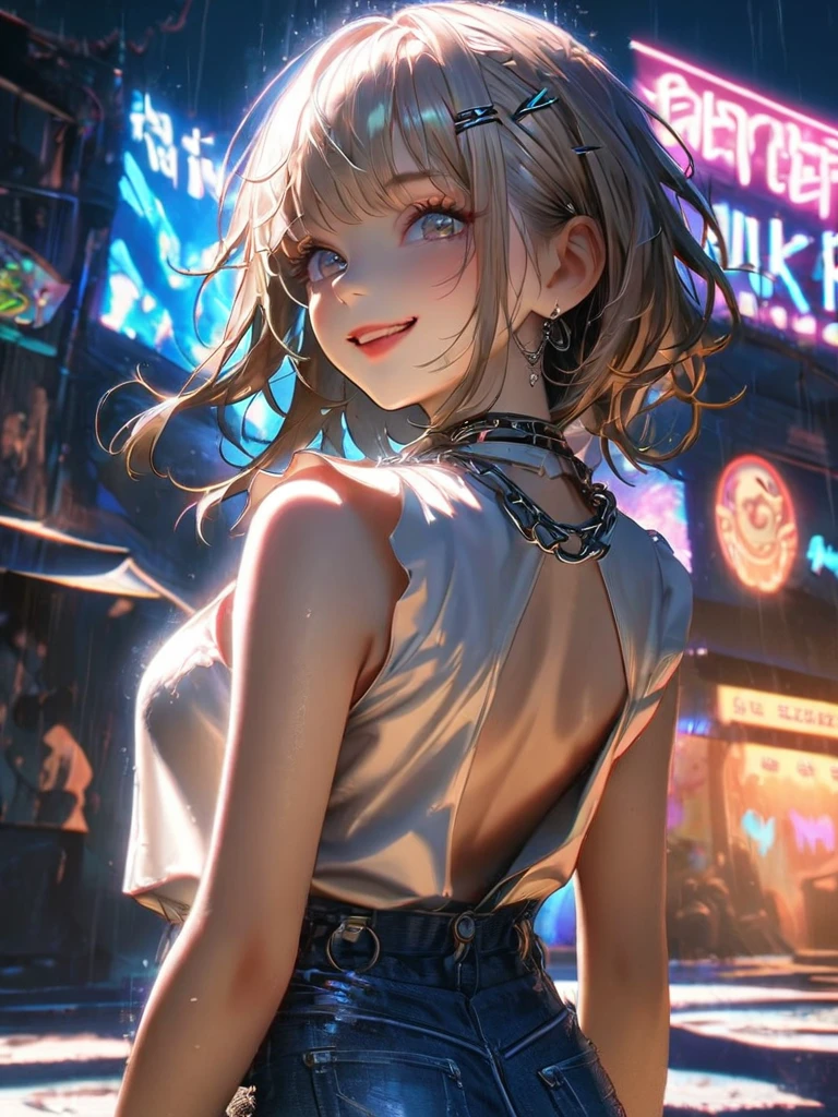 1 person, chromatic aberration, Written boundary depth, Soft Light, masterpiece, Highest quality, complicated, Tone Mapping, A place where fireworks are set off at festivals. Concept Art, Smooth, Clear focus, Dramatic lighting, Very cinematic, super practical painting, アートステーション's trending, 8k, Incredible Shadows, practical, whole body, View, Viewers, Portrait of a Girl 1, standing on street corner, Heavy rain and lightning、Dark Sky, neon and cyber punk background, she is dressed in punk clothing with silver chains and silver spikes, Her hair was dyed light brown...................Ominous aura of light, smile, punk, ciber punk, Backlight.Fashionable clothes、Friendly dress code: Wearing a cute white sleeveless top with an open back and denim shorts.My breasts are a little big.Backwards、Look back here