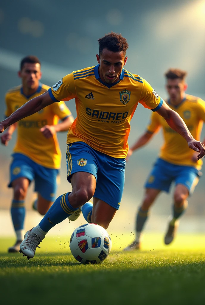 Football player from São Paulo Futebol Clube kicking the ball between two birthdays showing a lot of competition between them.