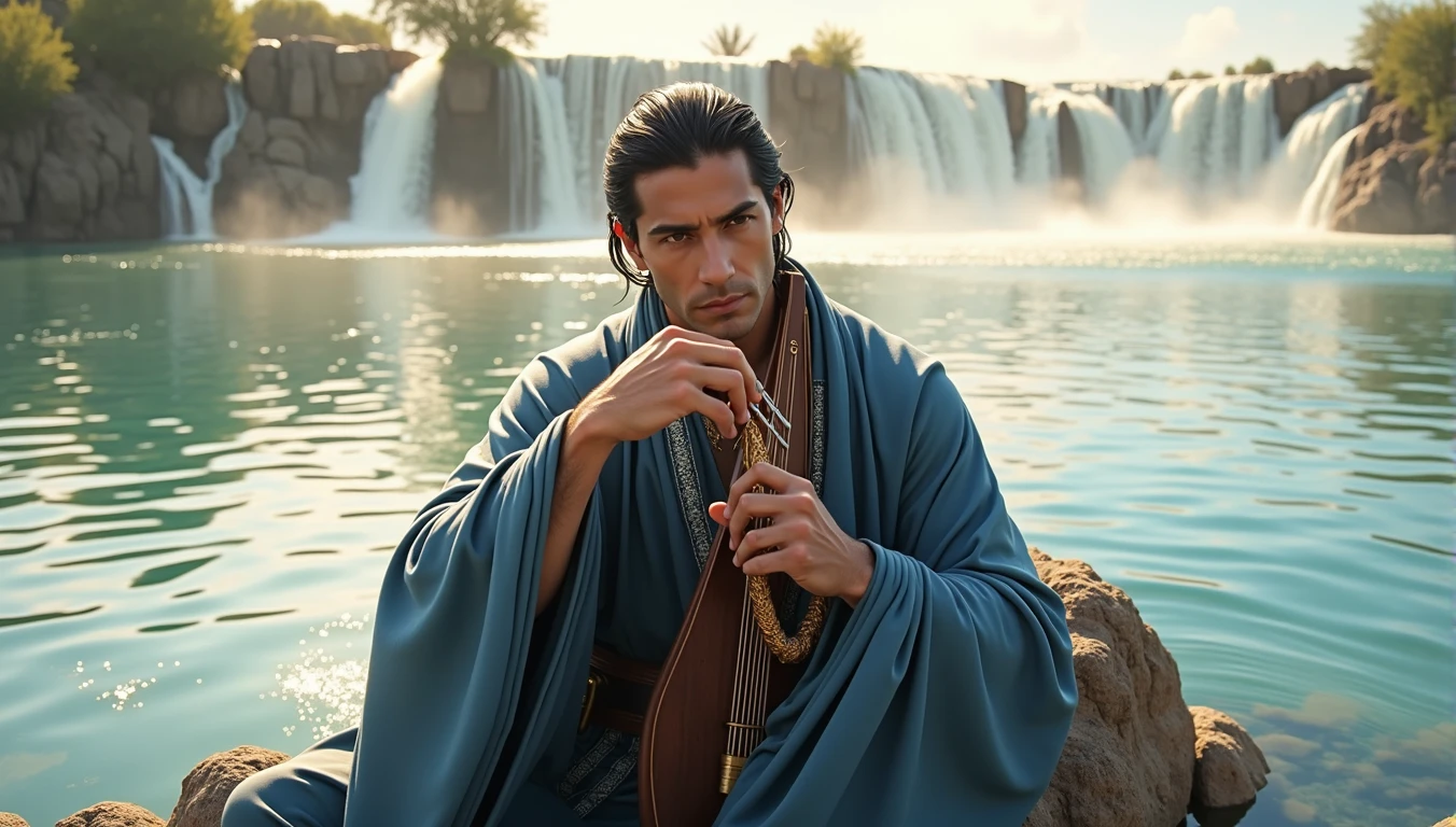 (( ultra-detailed and Realistic digital art)), ((digital art)), ((Realist)), ((30-megapixel)), ((4K)), ((CanonEOS DSLR 5D Mark IV)), ((85mm lens)), ((ultra-high definition)), handsome man, 35 year old, fabric clothes, monge, black straight hair, sitting on a rock on the bank of a turquoise blue river, playing the harp, waterfall in the background,