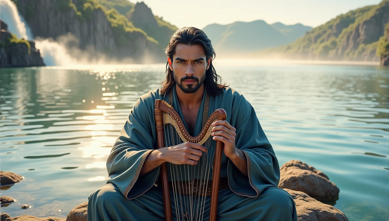 (( ultra-detailed and Realistic digital art)), ((digital art)), ((Realist)), ((30-megapixel)), ((4K)), ((CanonEOS DSLR 5D Mark IV)), ((85mm lens)), ((ultra-high definition)), handsome man, 35 year old, fabric clothes, monge, black straight hair, sitting on a rock on the bank of a turquoise blue river, playing the harp, waterfall in the background,