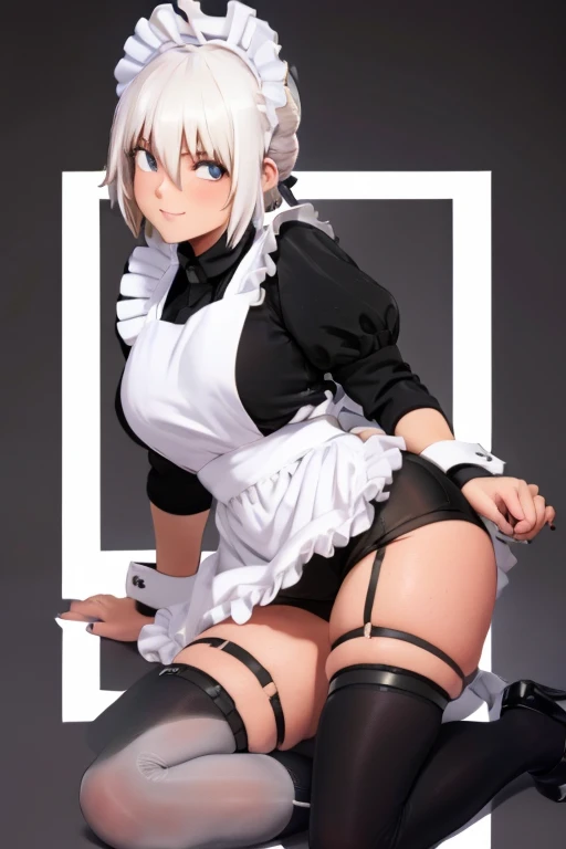 female, silver messy, short hair, silver eyes, cybernetic, (((1girl))), (((black short sleeved maid uniform))), (white apron), (knee length skirt), (white stockings), (black heels), cute and sexy, full body, large breasts, large butt, long legs, smiling