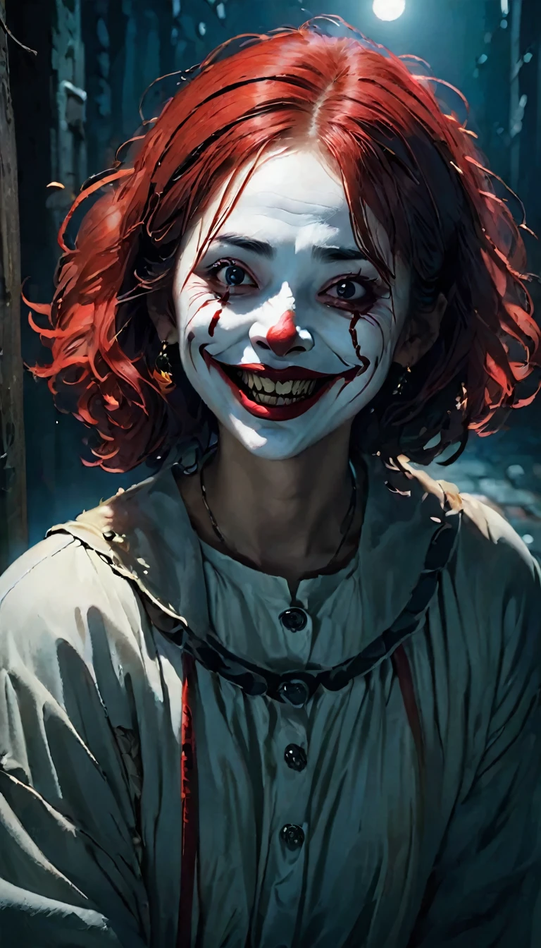 of the highest quality,horror,chilling笑顔,Red nose,detailed face,scary atmosphere,dark background,dramatic lighting,sharp focus,an accident,devil夢,scary clown,fear expressions,EMOTION,exposing teeth,big smile,Red lips,devil,Ghostly,devil夢のような,anxious,night landscape,chilling笑い,strong look,A terrifying personality,distorted face,threatening,Gothic,sharp eye,devil夢のような scenery,chilling,anxious,Horror movie aesthetic,devil夢 fuel,Ghostlyly beautiful,A terrifying presence,devil夢-inducing,shadow,chilling雰囲気