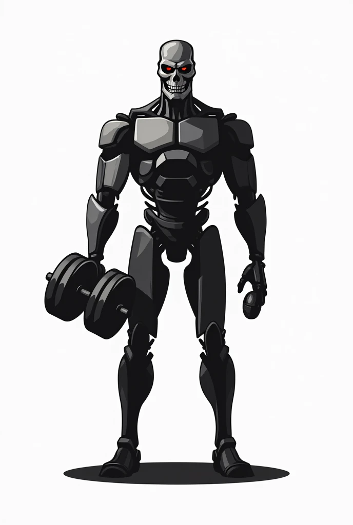 a minimalist black and white logo of a t800 robot terminator holding a gym dumbbell and a mouse in the other hand