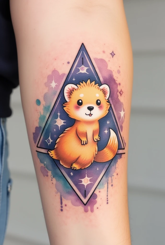 Create a watercolor tattoo from the world of Harry Potter with a little ferret patronus, the Deathly Hallows triangle and the Felix Felicis potion