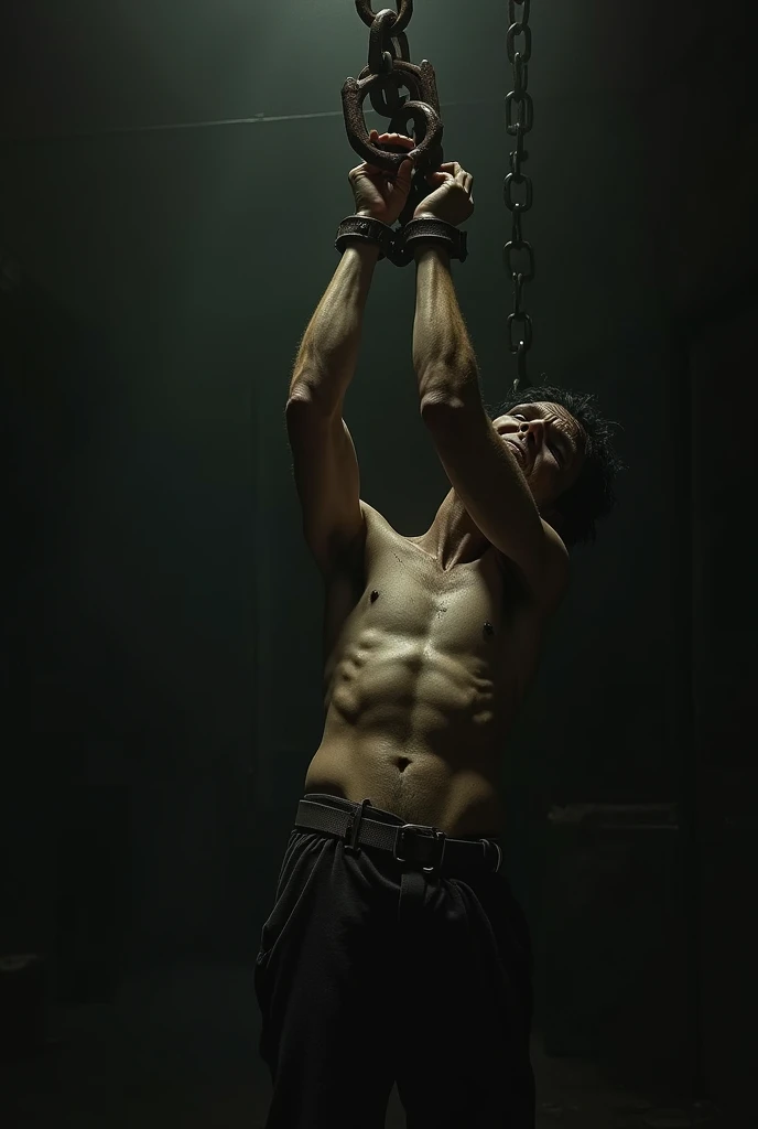 creates an image of someone hanging from chains on his arms