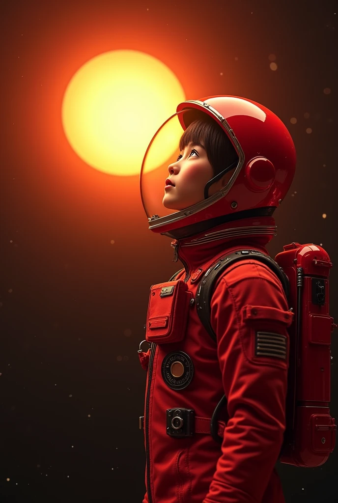 A girl astronaut in a red suit watching the sun