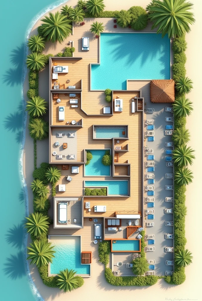 2D floor plan of a beach hotel showing the reception area first, The restaurant space, The recreation space, , 7 guest rooms, A SPA room, An area for people with disabilities, three pools, Connection with green areas, That can be something like an open space and a septic tank., The L-shaped parking lot One part in front and the rest alongside