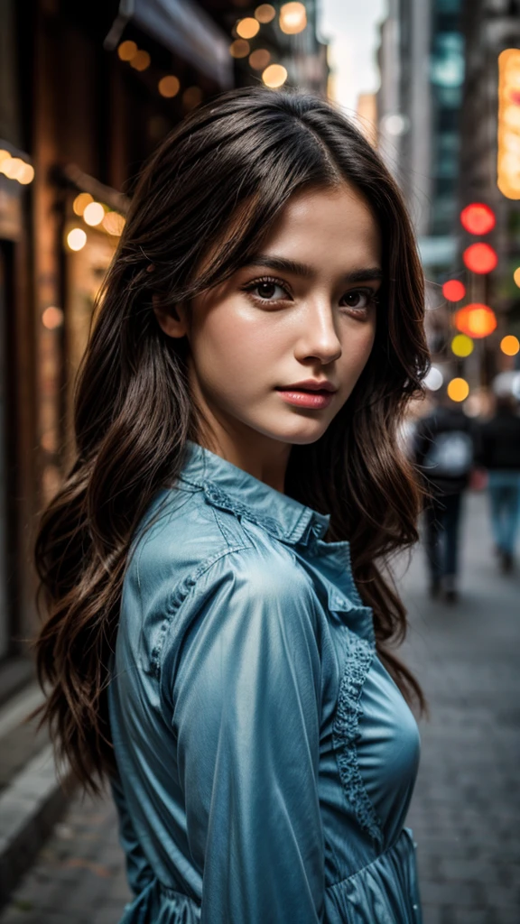 (black riders jacket:1.1), (masterpiece, best quality, pretty girl, beautiful face, 8k, raw photo, photorealistic, absurdres:1.2), teens, cowboy shot, dutch angle, facelight, film grain, chromatic aberration, highres, ultra detailed, finely detail, light blue frilled lace dress, detailed skin and eyes and face, sharp pupils, realistic pupils, sharp focus, street