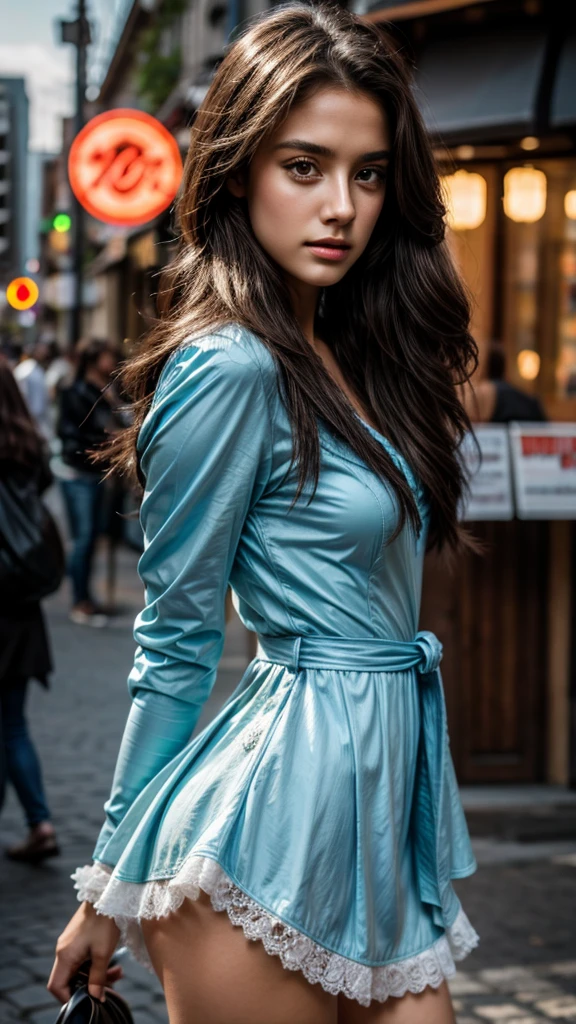 (black riders jacket:1.1), (masterpiece, best quality, pretty girl, beautiful face, 8k, raw photo, photorealistic, absurdres:1.2), s, cowboy shot, dutch angle, facelight, film grain, chromatic aberration, highres, ultra detailed, finely detail, light blue frilled lace dress, detailed skin and eyes and face, sharp pupils, realistic pupils, sharp focus, street