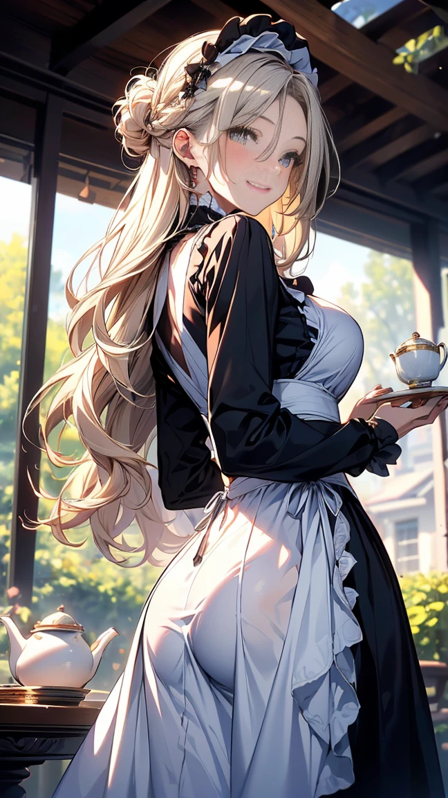 (Masterpiece, best quality), (ultra high resolution, 8K RAW photo, photo realistics:1.5, textile shading, thin outline), Beautuful Matured woman preparing tea-party in the garden, (tea set, tea pot, tea cups, some cakes on dish), Gothic table, wearing traditional dark-brown maid uniform, maid costume:1.2, long flare skirts, apron, Tall and long legs, long white hair, wearing rimless grasses, (milf:1.5, 28 years old, solo), (large breast, sagging breast, big , narrow waist), (long white hair, hair over one eye, updo, side lock, asymmetric hair, wavy hair), (bright pupils, detailed eyes, high detailed face, Perfect face shape, eye rush), (seductitve smiling, half-closing eyes), (looking at viewers:1.3), (dynamic angle, tighs focus, from side below:1.2), ((correct anatomy:1.5, correct hands)), (ideal ratio of body proportions), outdoor, glass garden,