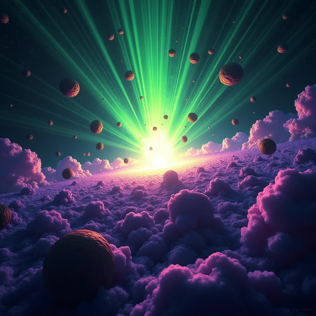 Outer space , supernova, with neon green and violet tones ,some asteroids shaped like weed buds