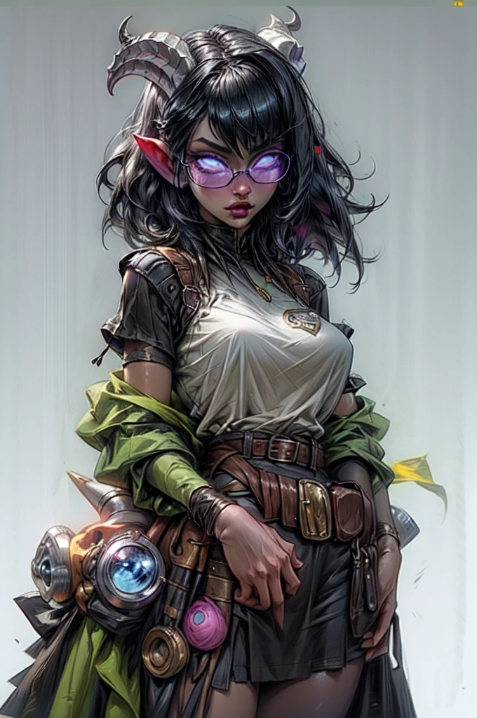 masterpiece, best quality, 1girl, solo, draenei, glowing eyes, colored sclera, tail ornament, hooves, white skin, blue eyes, black hair, shiny silver pouty lips, (tentacle hair:0.8), close-up, upper body, hair ornament, plump and large breasts, shiny skin, shiny silver lipstick, goggles , bob hair cut, fantasy, magic, psy powers, leather apron, toolbelt, mechanic, glasses, apron pouch with tools