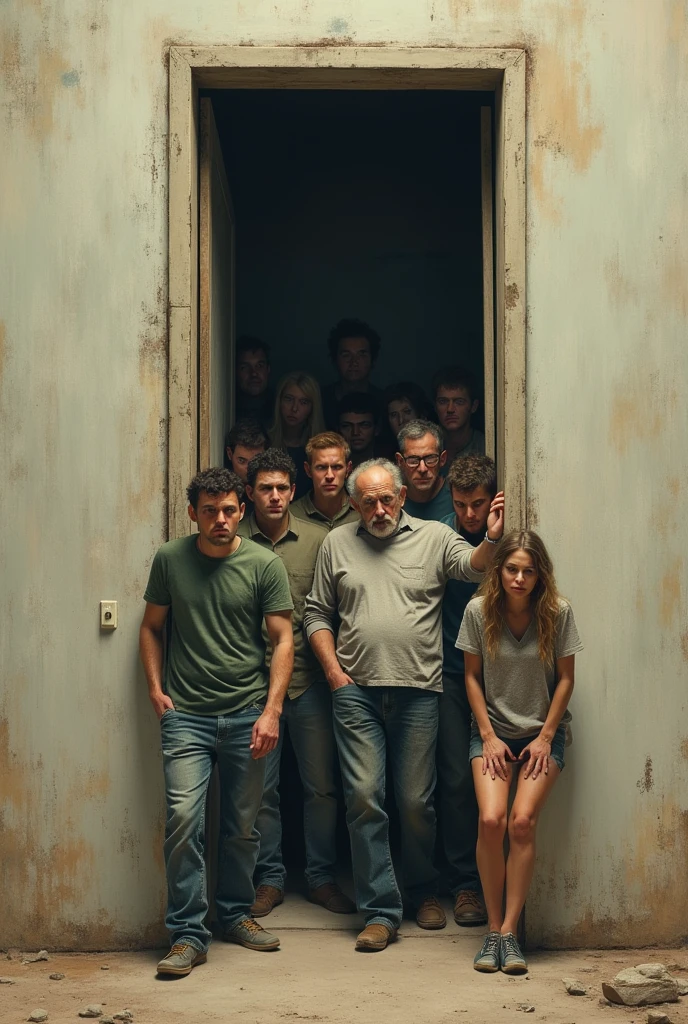 Create an extremely narrow door and distressed casually dressed men and women trying to get through it