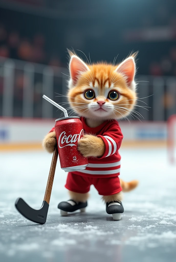 A kitten playing hockey while drinking a coke 

