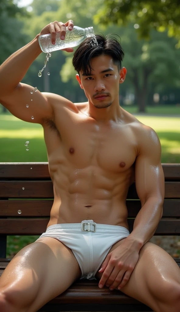 photorealistic, best quality, masterpiece, extremely detailed, sexy, homoerotic, extremely handsome, youthful, 25 year old muscular taiwanese man, ((muscular bodybuilder)), ((massive thighs)), tight booty shorts, big bulge, very sweaty, big smile, happy, sitting relaxed on bench, pours water out of water bottle on his own head, at park, extremely romantic atmosphere, perfect face, perfect fingers, perfect hands, perfection