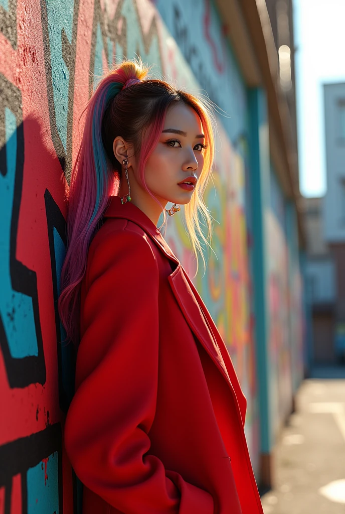 beautiful kpop idol girl wearing a red hip-hop jacket outfit covered elegantly, her long rainbow hair tied up, against the backdrop of a graffiti wall during the day