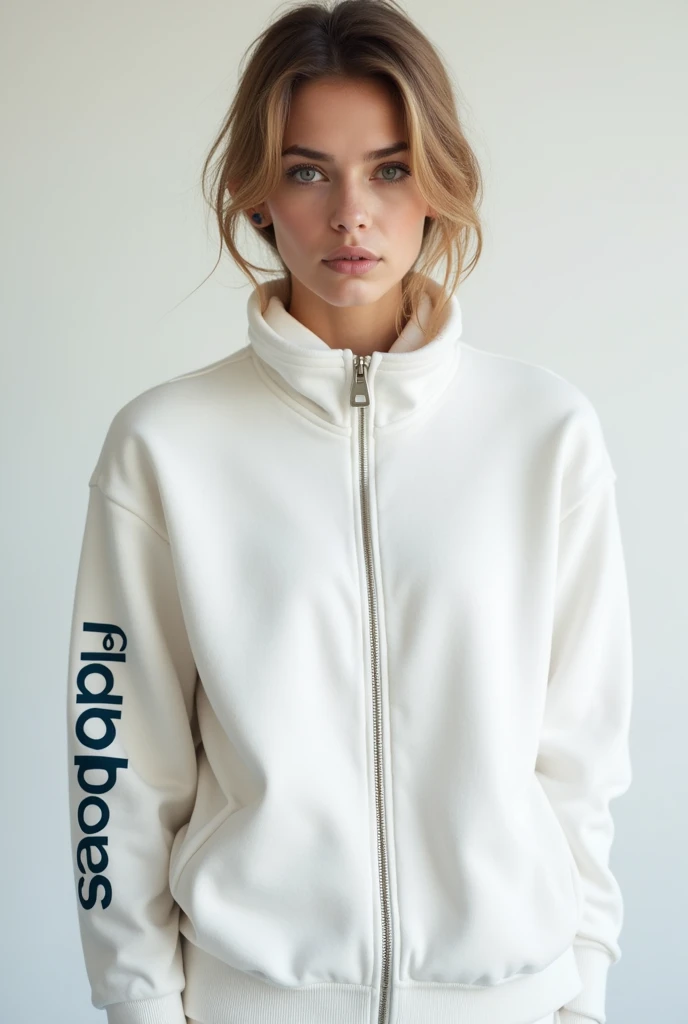 Create a white zippered sweater, lead and light blue that says andoas on a sleeve, head on