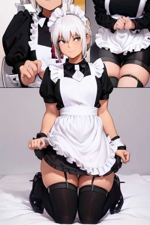 female, silver messy, short hair, silver eyes, cybernetic, (((1girl))), (((black short sleeved maid uniform))), (white apron), (knee length skirt), (white stockings), (black heels), cute and sexy, full body, large breasts, long legs, smiling