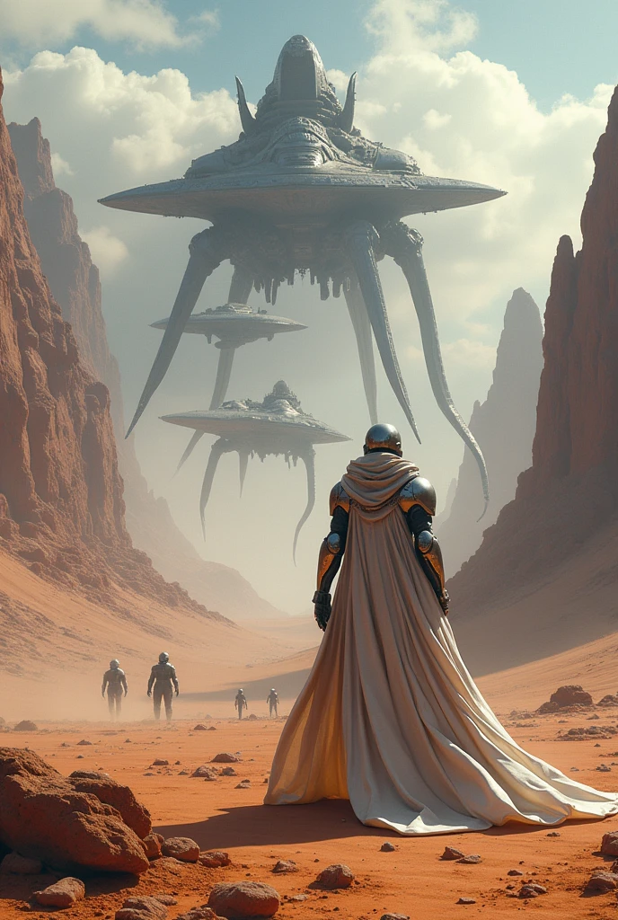 A person with a futuristic cape and armor sees 3 giant futuristic spaceships in the distance. They are on a desert and mountainous planet. The 3 ships are in front of a giant futuristic ship, dirty and with tentacles. Futuristic soldiers and small aliens can be seen fighting on the ground.
