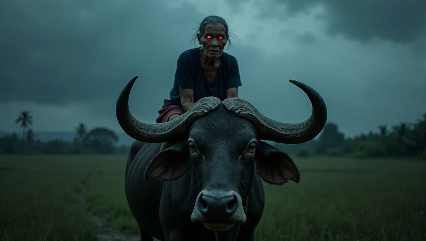 A scary red-eyed cambodia grandmother rides a buffalo in the fields at night 8k