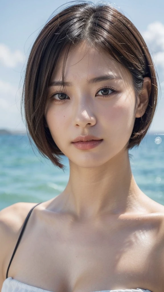 Model actress、One Woman、cool、Japanese and half European、Close-up of face、30 generation beauty、Realistic Skin、Seaside、short hair