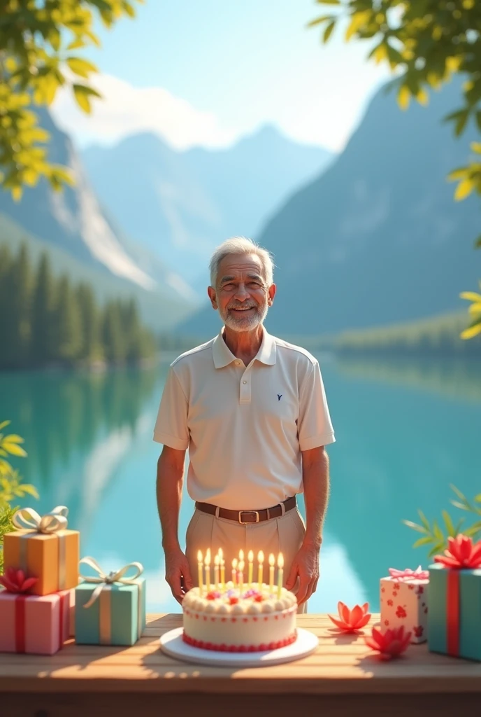 Senior man short hair wearing white polo shirt and trousers, standing behind birthday cake and presents, flowers, lake and mountains on the background