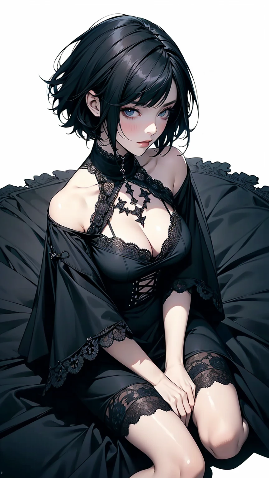 Top view, Woman sitting on the ground, Black asymmetrical short hair, Goth Fashion with Lace, White background:1.5, Anime Style, Simple lines, Digital Painting, (masterpiece, High resolution, Highest quality)