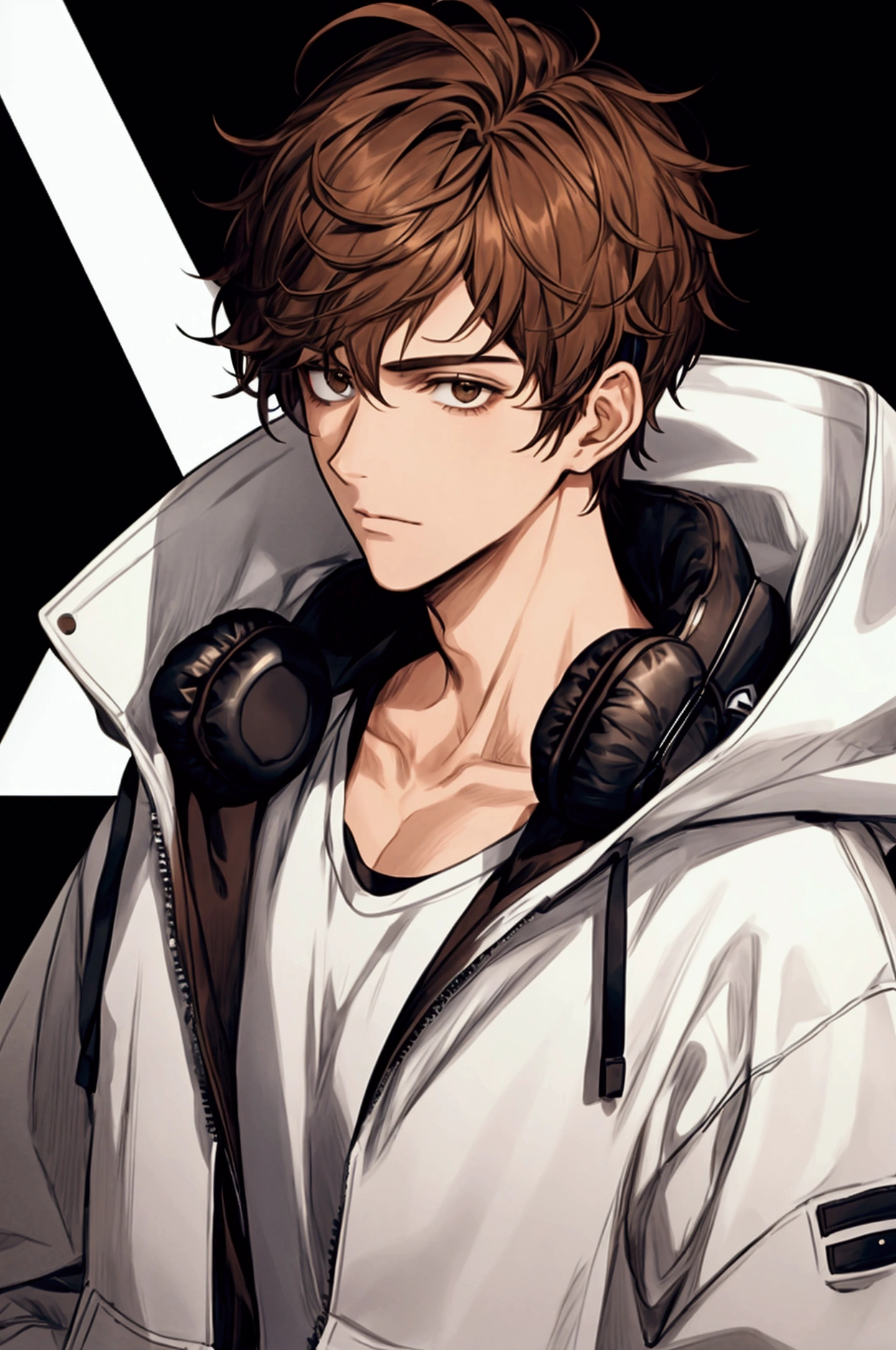 Guy, short hair, brown hair, messy hair, wears headphones around neck, wearing a hoodie, wearing a white mask over face, half body, handsome, high quality 