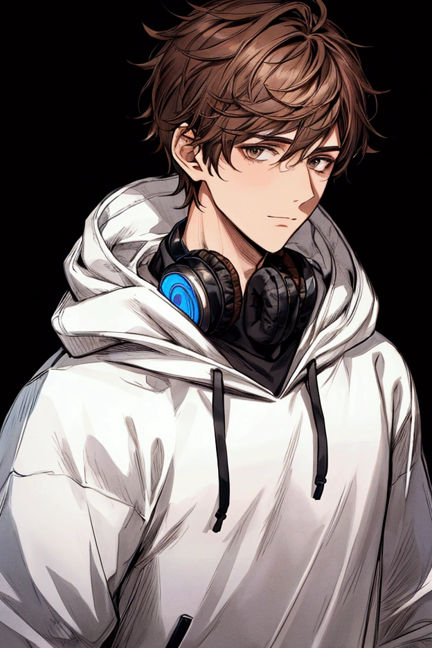 Guy, short hair, brown hair, messy hair, wears headphones around neck, wearing a hoodie, wearing a white mask over face, half body, handsome, high quality