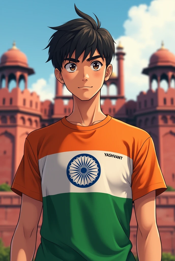  A young man anime with a Indian flag tshirt  and name YASHVANT on his tshirt and his background is lal kila