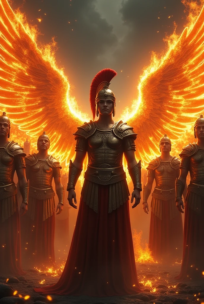 (12 angelic warriors) (with wings of fire) and ( Armaduras de caballeros Griegos and letras en atando en ellas) ( and solo uno de ellos tiene un casco Espartano) ( Everyone has a Dark Aura)