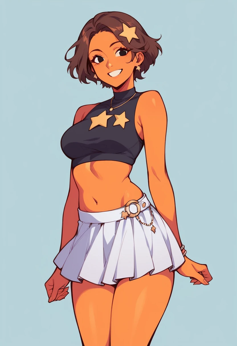 masterpiece, Best Quality, 1 girl, fire star, Brown hair, short hair, black eyes, orange skin, crop top, diaphragm, Skirt, thighs, smile, standing, Alone, simple background
