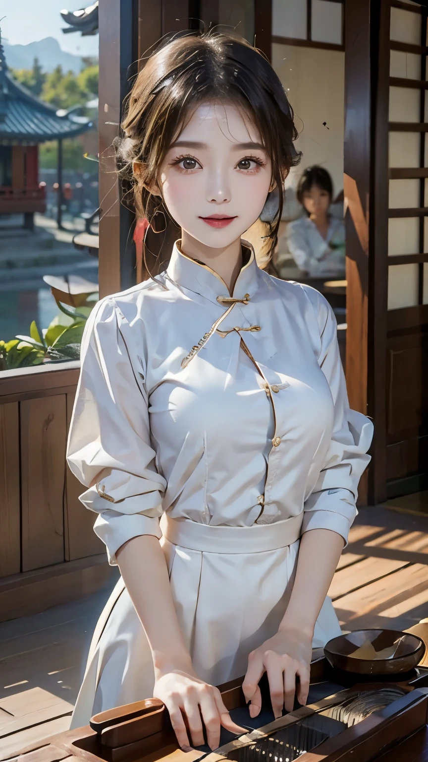 best quality，Chinese girl，1 Girl，，Bright Eyes，Skin that can be broken by blows，rosy face，Inside the teahouse，zither，antique，