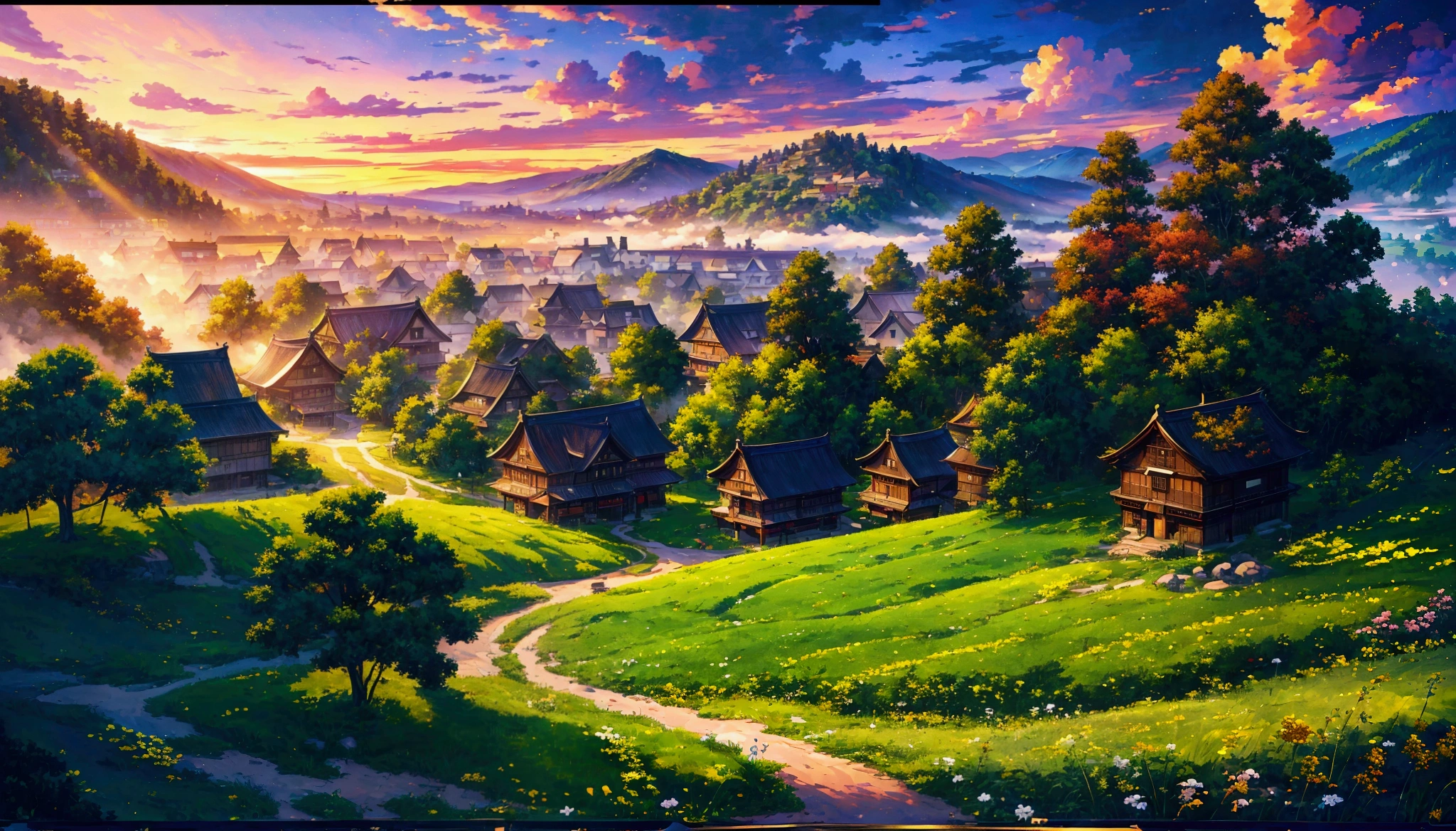 ​masterpiece, top-quality, depth of fields, high details, 8k, old town scene, lots of wooden houses, grass land, road to the town, clouds, sunset, trees, anime style, A painting of a house in a flower field, beautiful peace scene, Flower mountain background, 4k HD, Beautiful Art, 一幅Beautiful Art插图, Beautiful digital painting, Highly detailed digital painting, Beautiful digital artwork, detailed, 非常detailed的数字, The colors are brilliant and rich, Gorgeous numbers