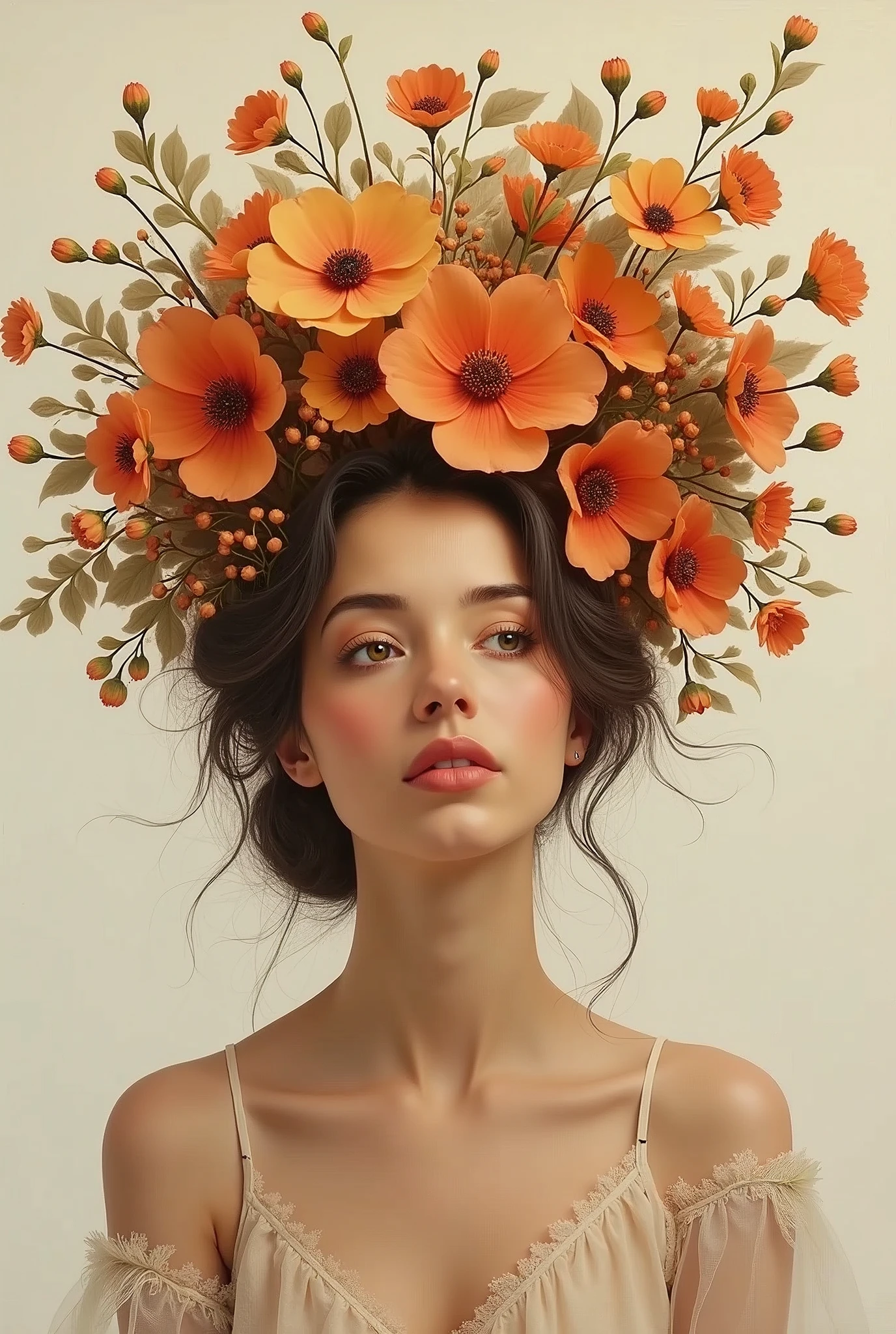 Lady with flowers in her hair is an acrylic painting, Lucy Glendinning&#39;s style, Tony Dietlitz, Organic and naturalistic composition, Flower Explosion, Ferris Piqué, Light orange and brown, Calm face