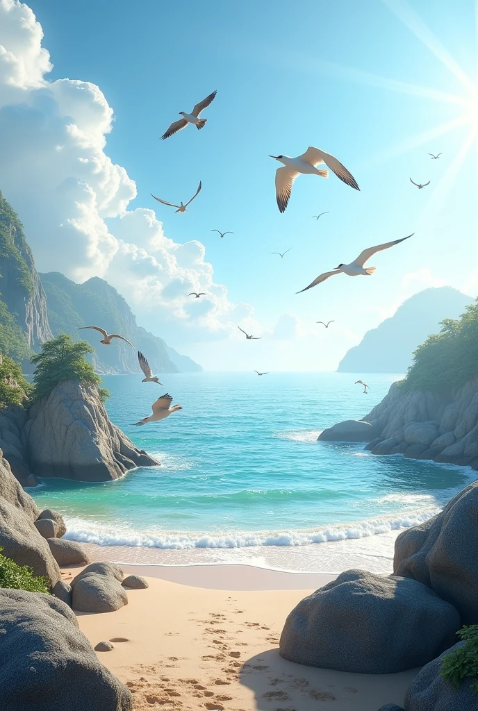 (Photorealism:1.2), Panorama, pantai, stone, birds fly