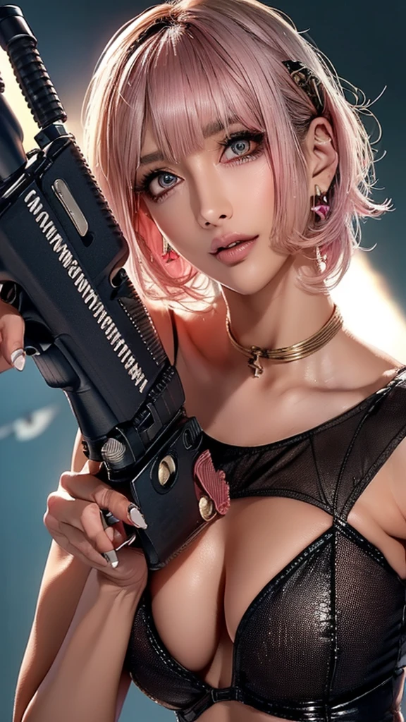 (Highest quality), Realistic, (live-action),(Short Hair,Sharp bangs)Showing off your crotch,Highest quality,Highest quality,8k images,Pink Hair,High heels,Small face,((Big Breasts))Leg spread、1 gun,(((Point the tip of your gun towards the camera:1.6))),Highest quality32K