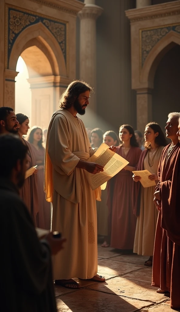 Biblical photograph Jesus reading a scroll to the people in the synagogue Biblical representation