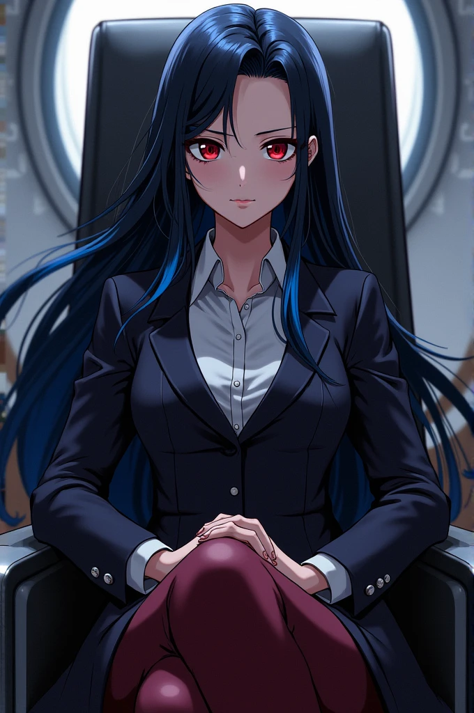 My hero academia female gender black hair with navy blue tips crimson eyes serious expression sitting in the U chair.A
