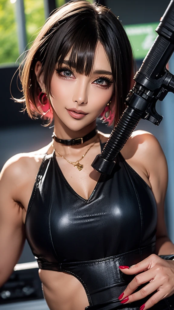 (Highest quality), Realistic, (live-action),(Short Hair,Sharp bangs)Showing off your crotch,Highest quality,Highest quality,8k images,Pink Hair,High heels,Small face,((Big Breasts))Leg spread、1 gun,(((Point the tip of your gun towards the camera:1.6))),Highest quality32K