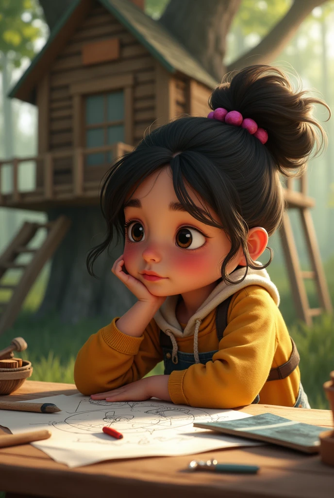 ."Learning and Adjusting:
Prompt: "The young girl adjusting her plans and tools after studying her mistakes, with a thoughtful and focused expression. The partially built treehouse is visible in the background."