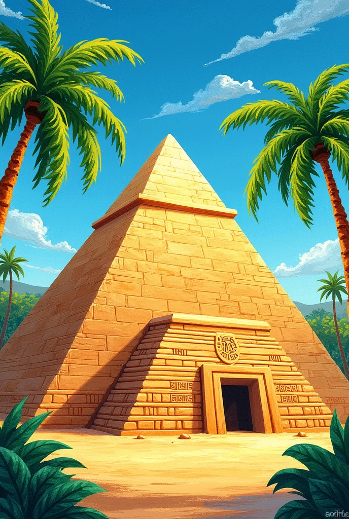 pyramid、Palm tree、colorful、Crayon style、