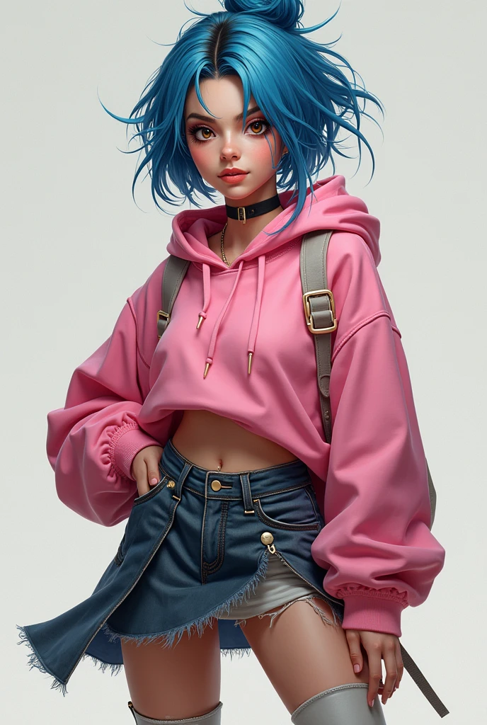 Andrea Davenport, blue hair, brown eyes, streaked hair, eyeshadow, pink hoodie, skirt, leggings, white boots,