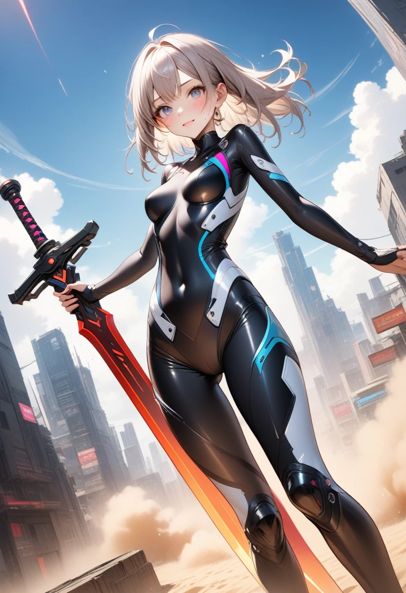 (((Hold a giant sword in both hands))), (Cyberpunk style), ((futuristic sexy bodysuit)), Mechanical Long Boots, ((Shiny Costumes)), skindentation, skinny, solo, 1 woman, Masterpiece, highest quality, highest quality, 16K, incredibly absurd, highly detailed, 2.5D, ai-generated, delicate and dynamic, very delicate facial expressions, delicate eye depiction, erotic, only sexy woman, ((A cute and kind face)), healthy figure, ((25-year-old woman)), 160cm tall, medium firm swaying bust, Sweat,Embarrassed,sexy, ((thin thighs)), (camel toe:0.7), , (Erect nipples,:0.7), shiny and lustrous, facing straight at viewer, (((in heat))), ((Oily_skin)), ((Lots of sweat)), ((dutch angle)), ((erotic pose)), (((Very dynamic pose))), A ruined cityscape of the future, ((Riding on a giant weapon)), In the sandstorm,