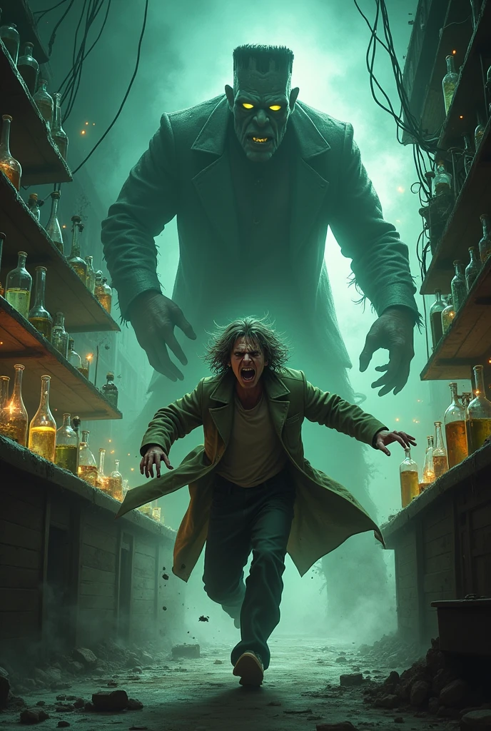 The mad scientist escaping from the Frankenstein monster