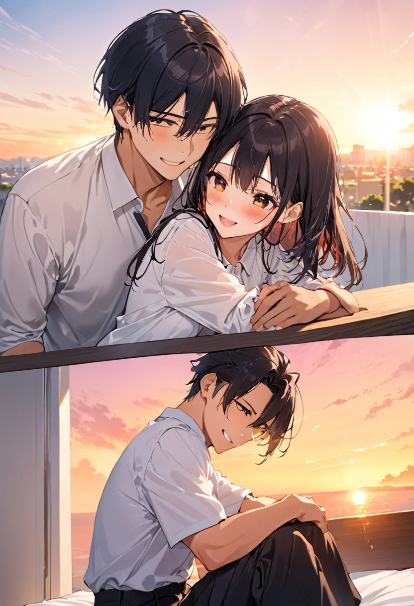 1 person, 1 person, (bed, White wall), Black Hair, Sitting, Man hugging woman, Blushing girl,(Girl with a troubled face), The man is smiling, Shy girl, Girl in a hurry, (Girl sweat), of white shirt, (Pleated skirt), Man in white shirt,(Black trousers), Cool guy, Cute beautiful girl, (, 160cm tall woman), Male 185cm, sunset, Excited face, (high quality, High resolution, masterpiece)
