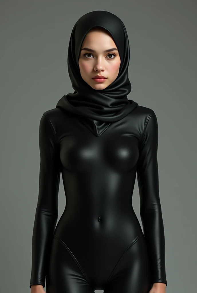 A girl wearing hijab . Innocent face. Long leg. Wearing full body black latex suit. High quality. High resolution