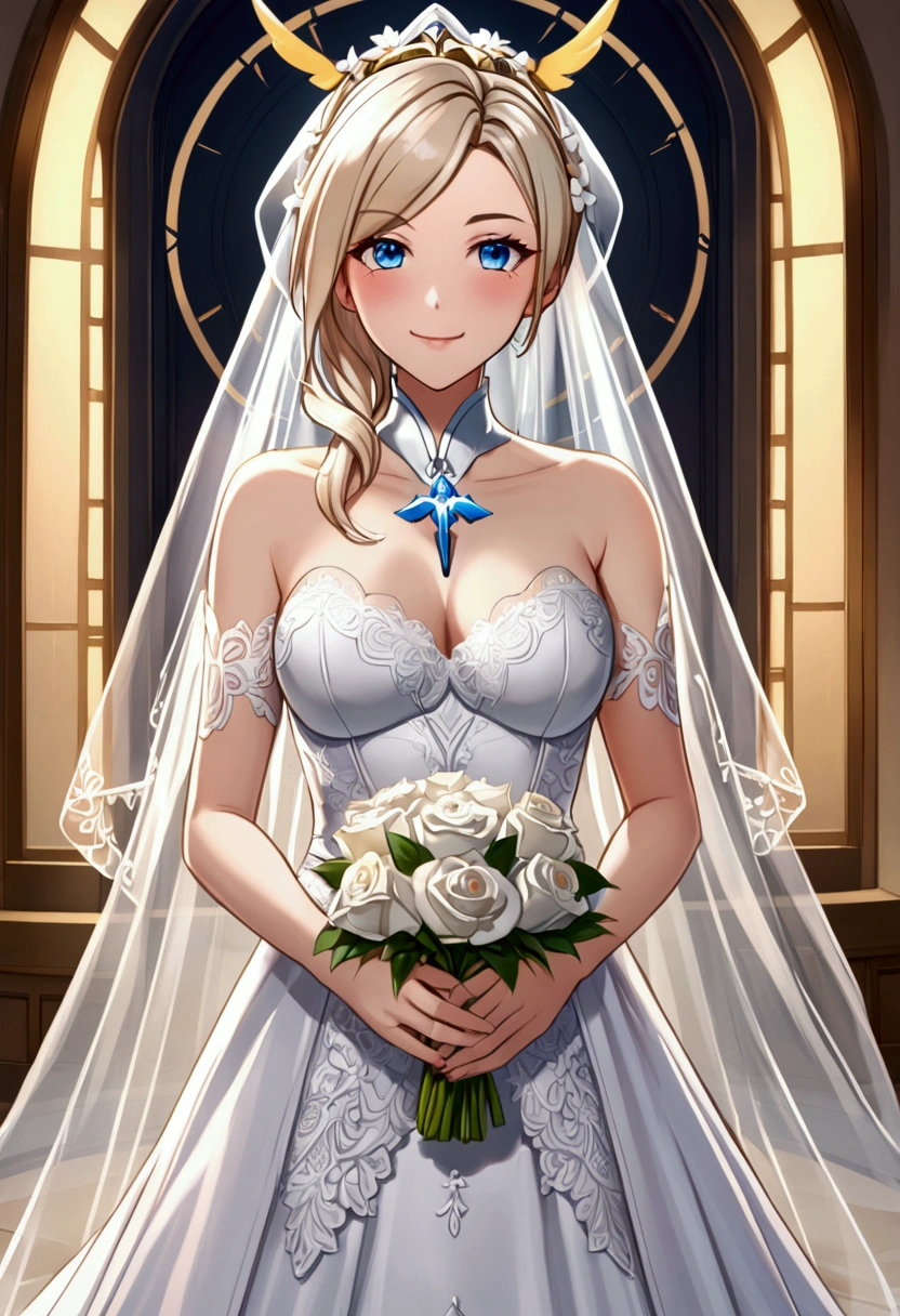 Mercy Overwatch, blush, happy, blue eyes, lance transparent bride dress,